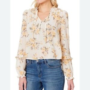 Wallflower Cream Floral Tie-Neck Long Sleeve Blouse S